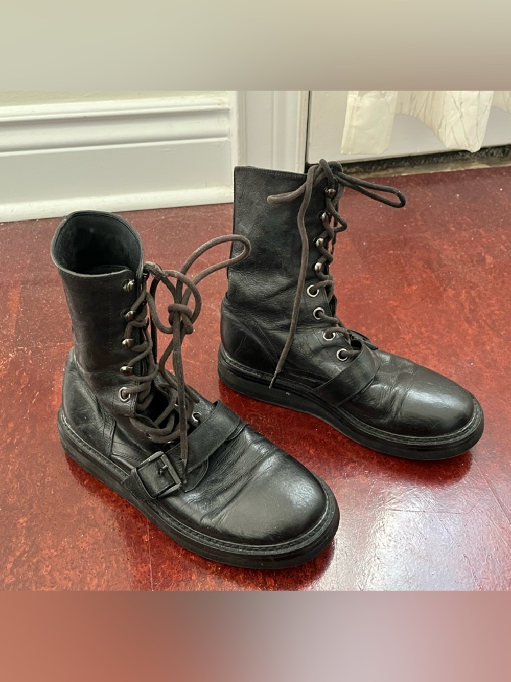 Ann Demeulemeester Black Leather Lace-Up Buckle Boots